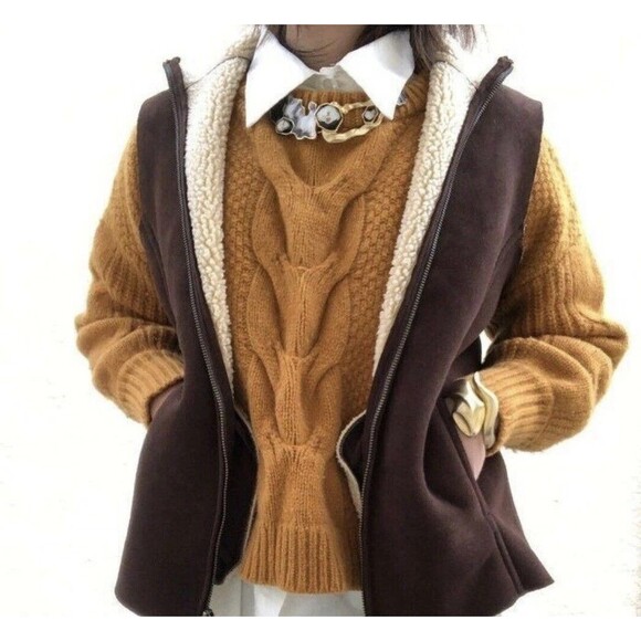 Lands End Vest Womens S/P (6-8) Sherpa Shearling Lined Vegan Faux Suede Zip-Up - Picture 3 of 9